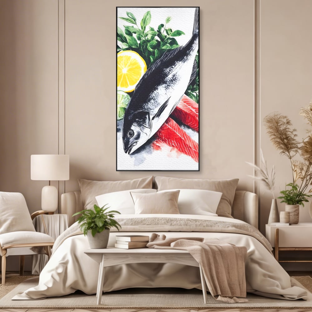 Tablou canvas cu ilustratie cu peste intreg si fileuri, in rama de aluminiu negru, pe perete intr-un dormitor